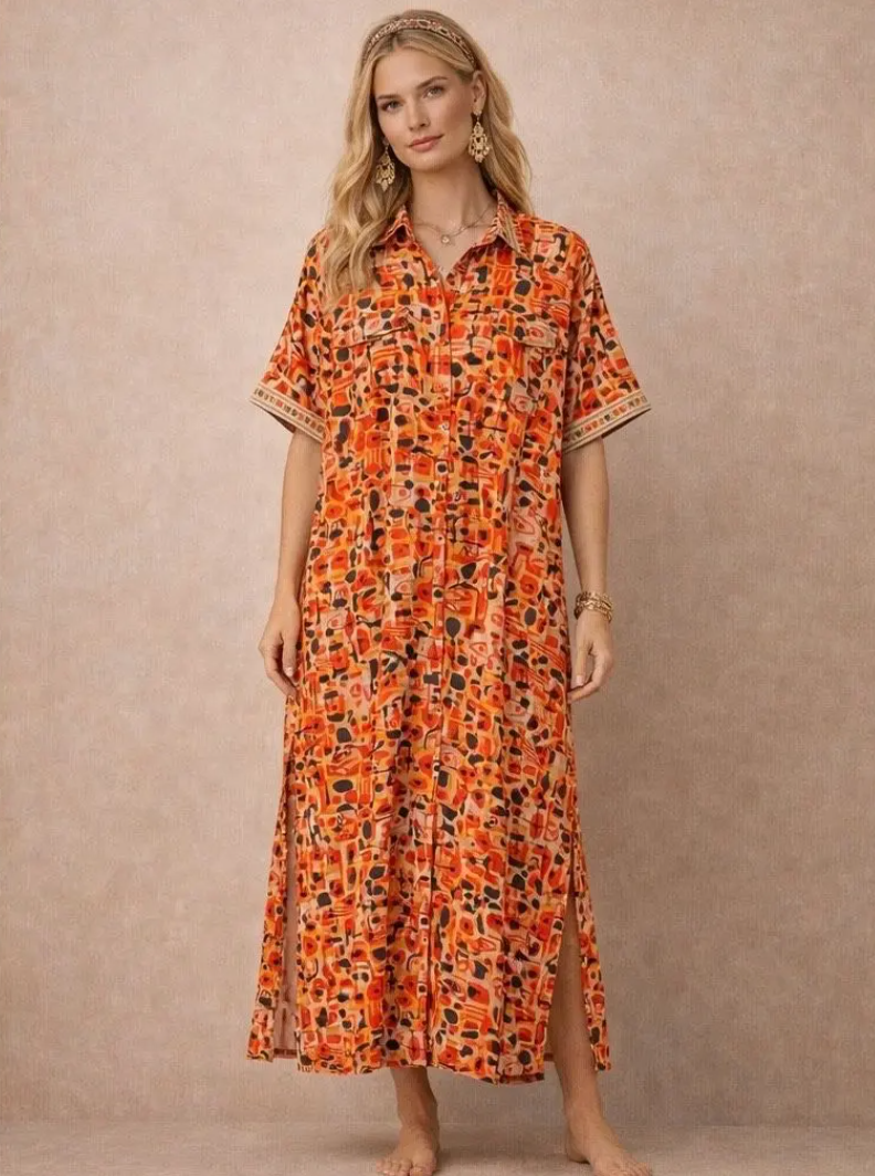 YOMDORABP Indian OS Orange Abstract Pocket Shirtdress