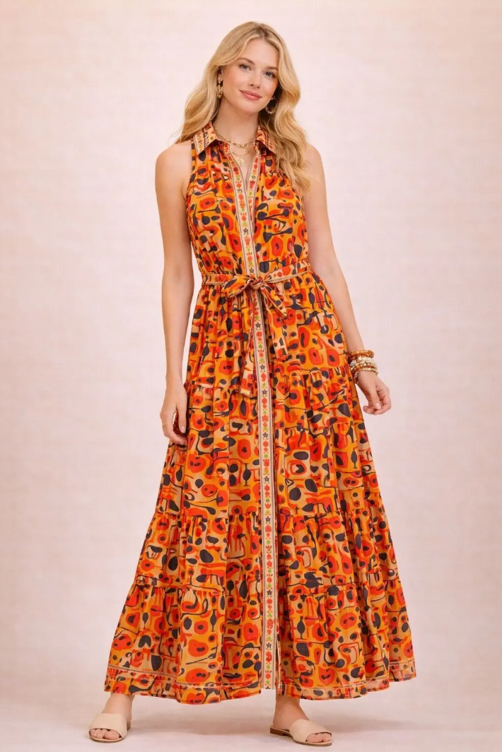 YOMDOABMD Indian OS Orange Abstract Belted Maxi Dress