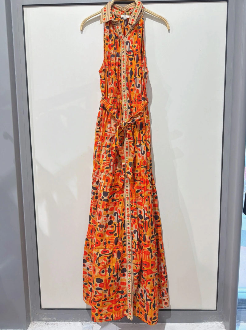 YOMDOABMD Indian OS Orange Abstract Belted Maxi Dress