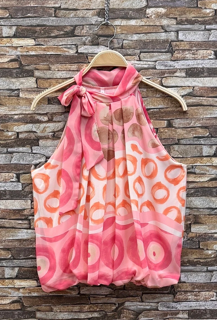 ESBLSLPCB Italian OS Pink Circle Bow Halter Blouse
