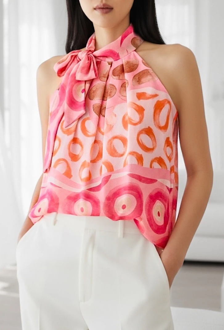ESBLSLPCB Italian OS Pink Circle Bow Halter Blouse