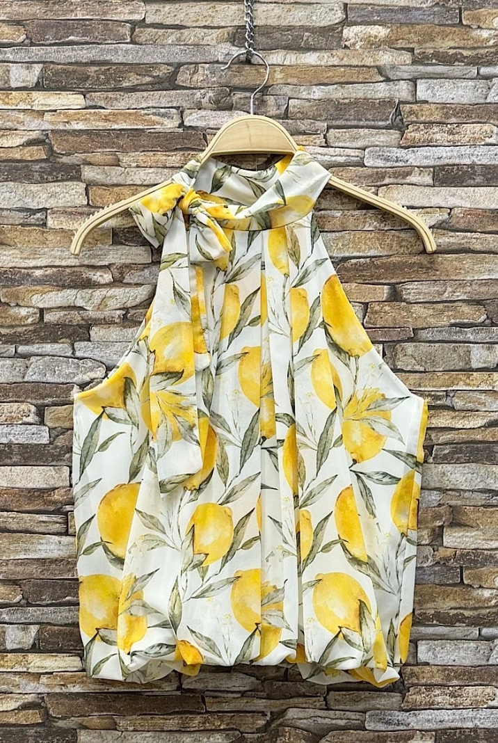 ESBLSLLEM Italian OS Lemon Print Bow Halter Blouse