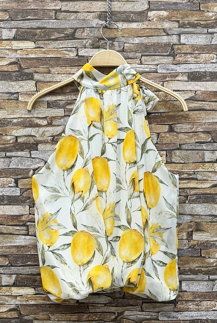 ESBLSLLEM Italian OS Lemon Print Bow Halter Blouse