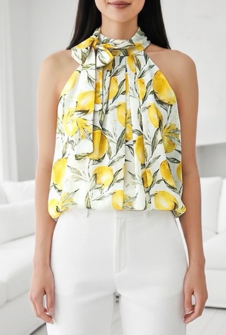 ESBLSLLEM Italian OS Lemon Print Bow Halter Blouse