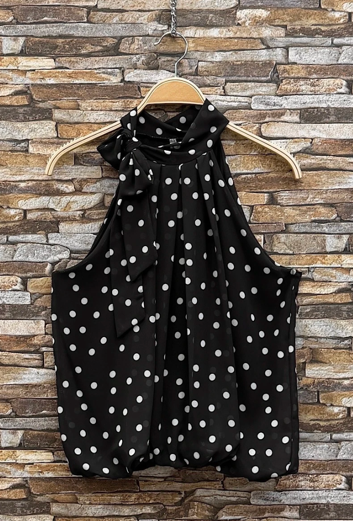 ESBLSBKPKD Italian OS Black Polka Dot Bow Halter Blouse