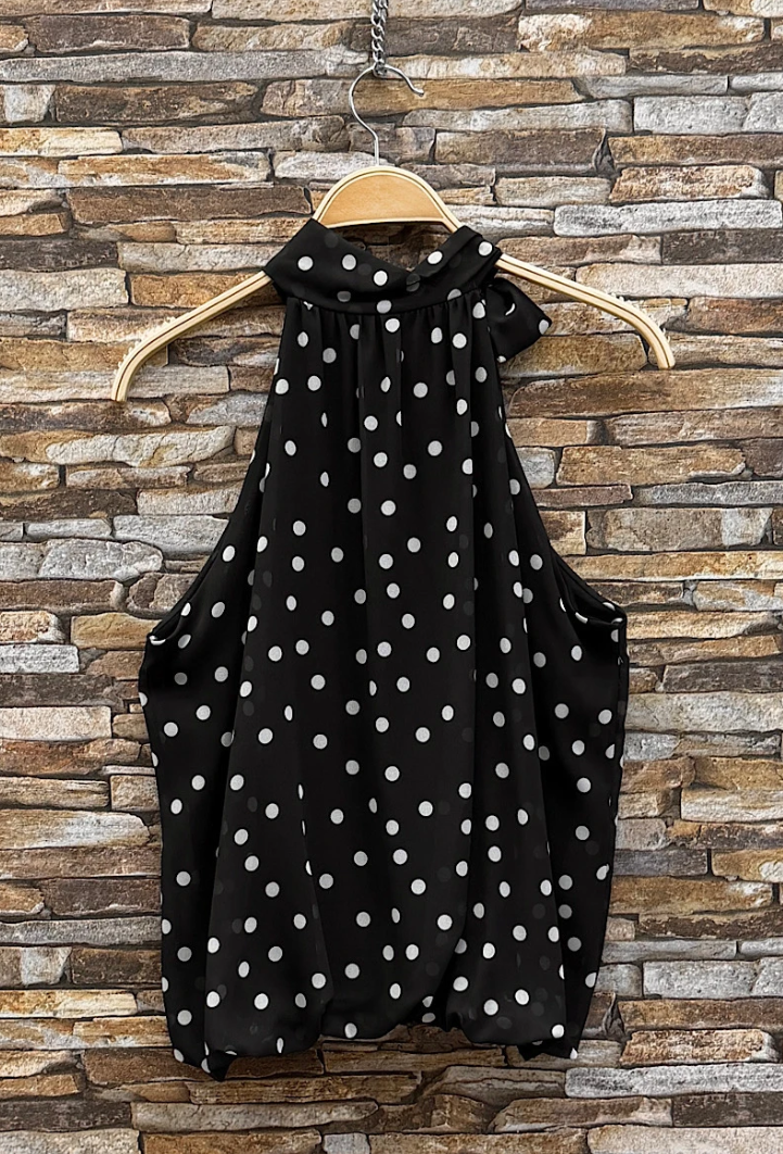 ESBLSBKPKD Italian OS Black Polka Dot Bow Halter Blouse
