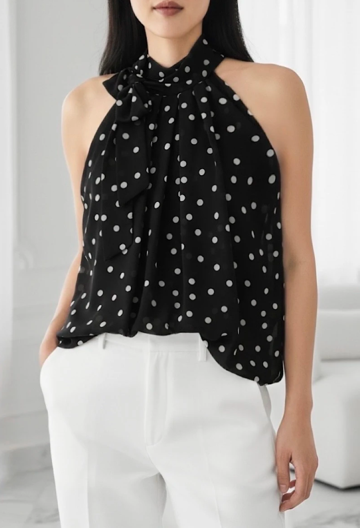 ESBLSBKPKD Italian OS Black Polka Dot Bow Halter Blouse