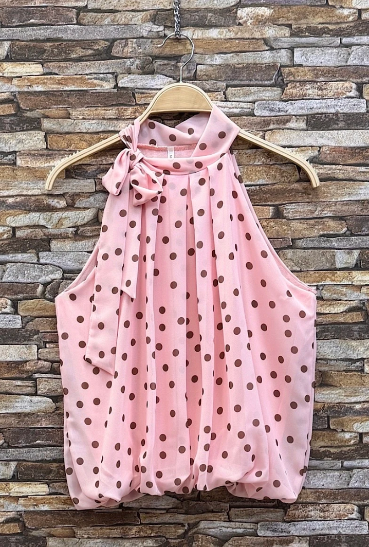 ESBLSPBPDH Italian OS Pink Brown Polka Dot Halter Blouse