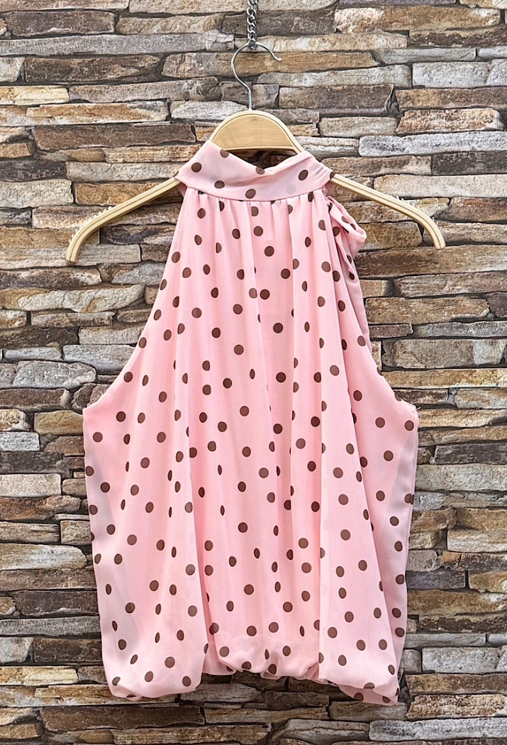 ESBLSPBPDH Italian OS Pink Brown Polka Dot Halter Blouse