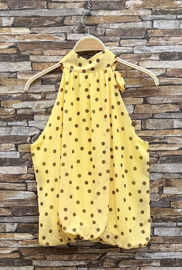 ESBLSYLWPDB Italian OS Yellow Polka Dot Bow Halter Blouse