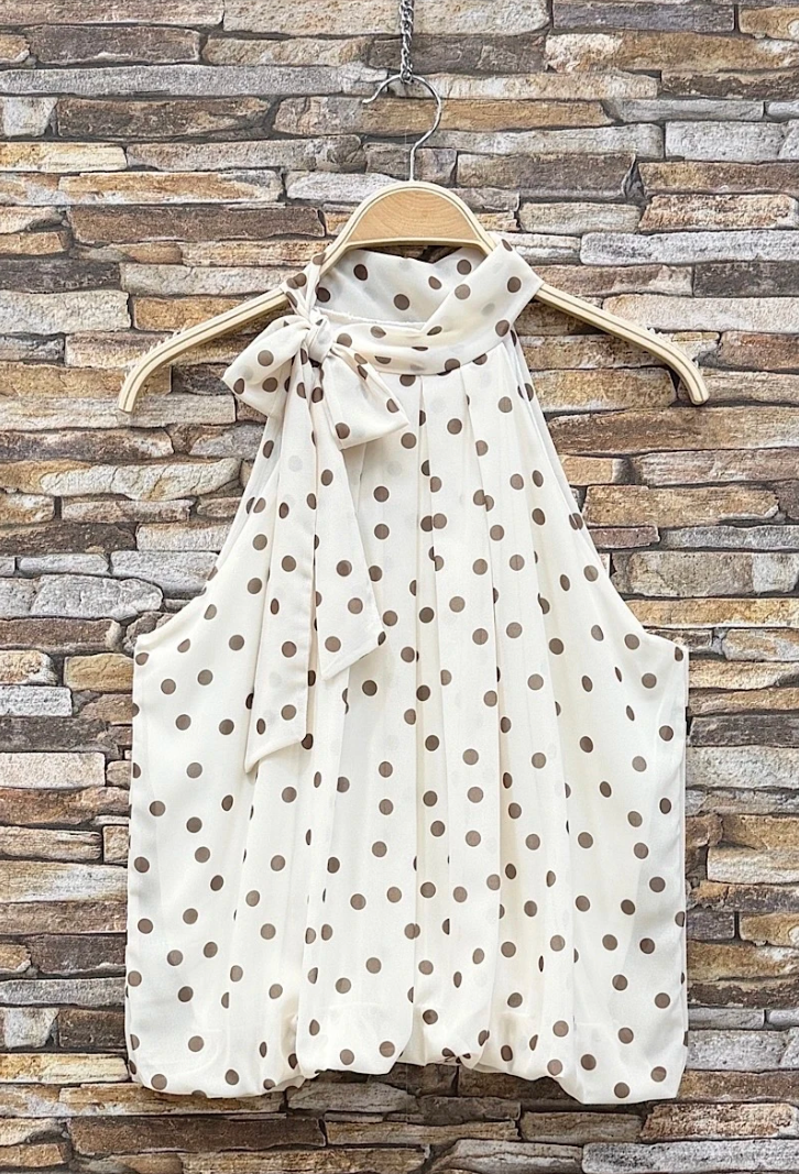 ESBLSIYTPDH Italian OS Ivory Taupe Polka Dot Halter Blouse