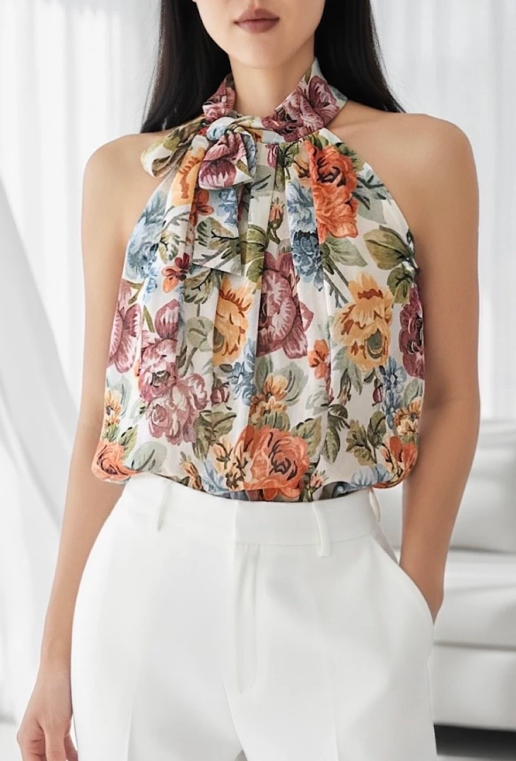 ESBLSVTGRB Italian OS Vintage Rose Bow Halter Blouse