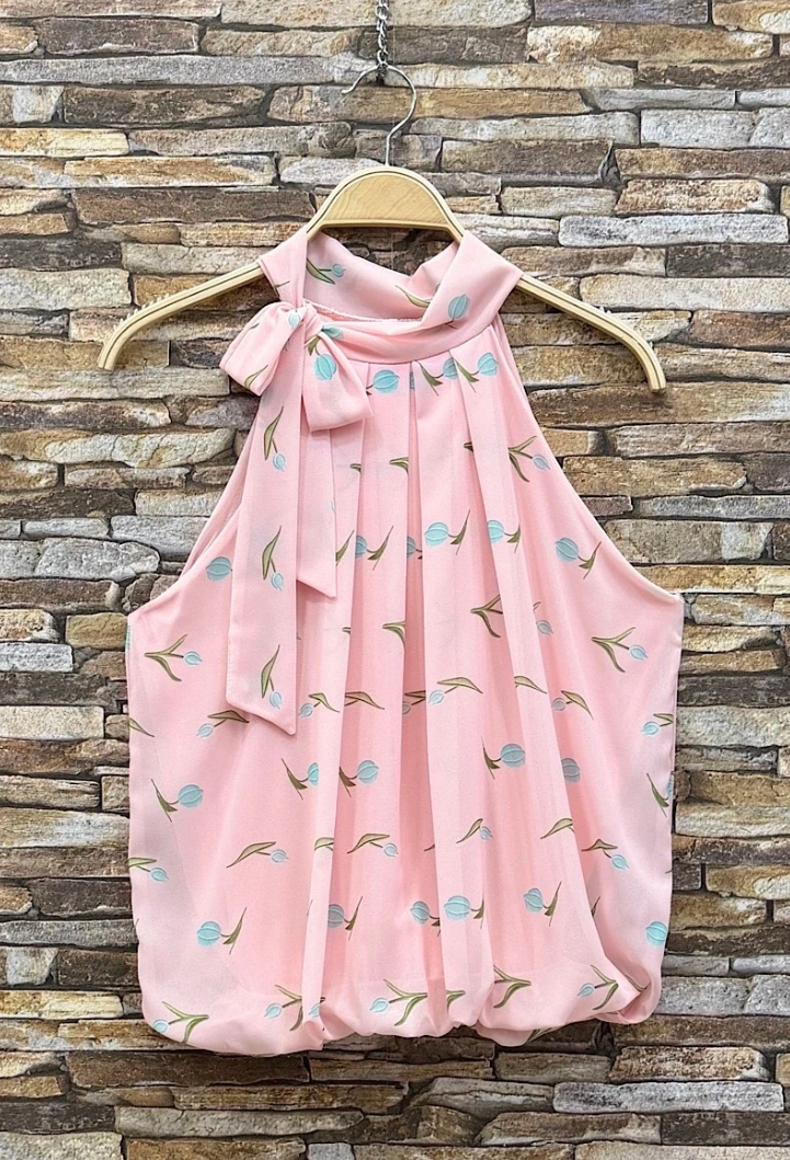 ESBLSPBLTBH Italian OS Pink Blue Tulip Bow Halter Blouse
