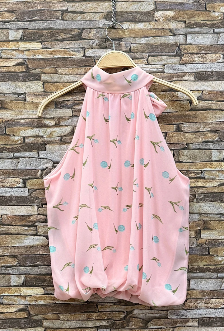 ESBLSPBLTBH Italian OS Pink Blue Tulip Bow Halter Blouse