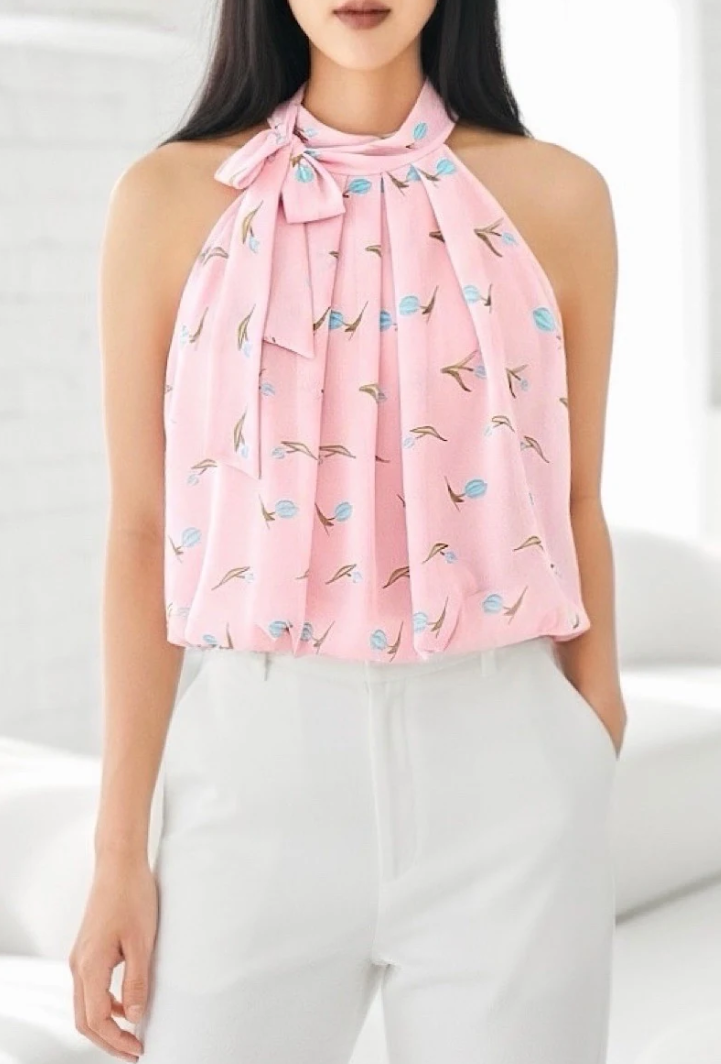 ESBLSPBLTBH Italian OS Pink Blue Tulip Bow Halter Blouse