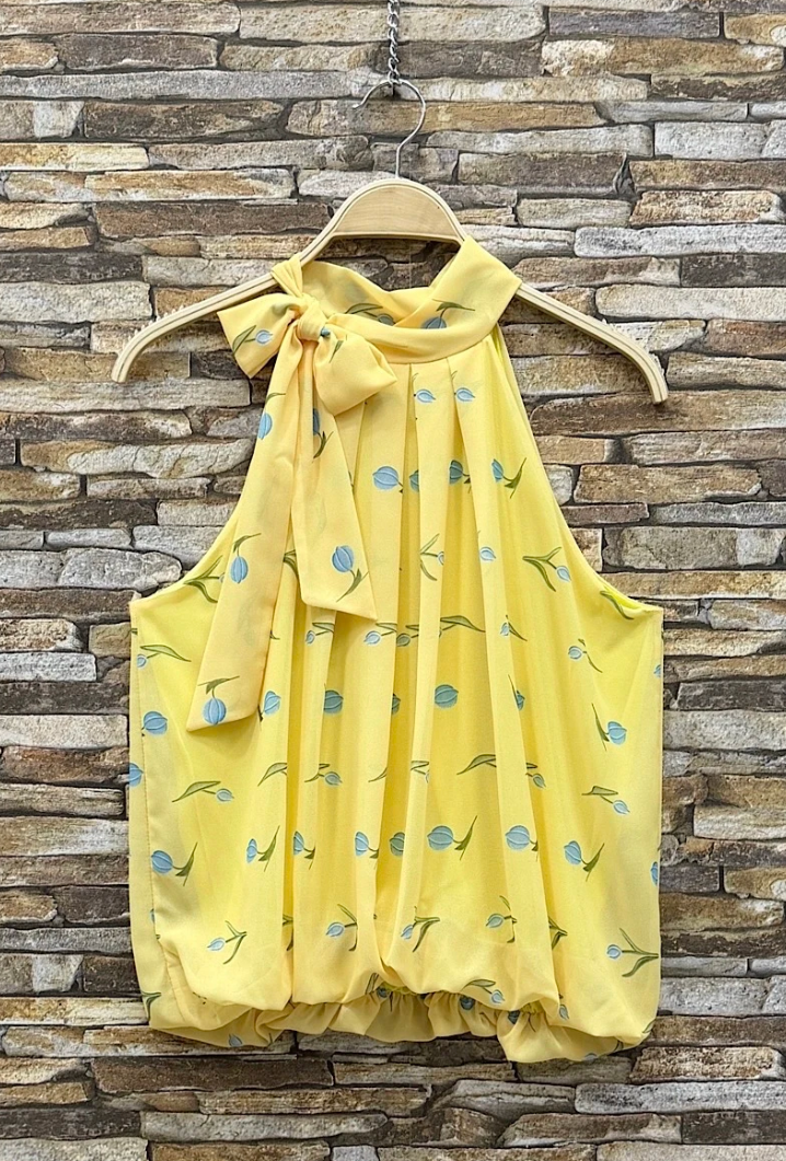 ESBLSYBLTB Italian OS Yellow Blue Tulip Bow Halter Blouse