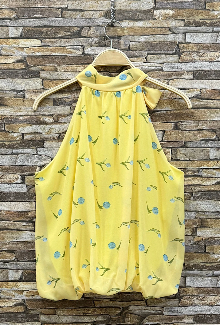 ESBLSYBLTB Italian OS Yellow Blue Tulip Bow Halter Blouse