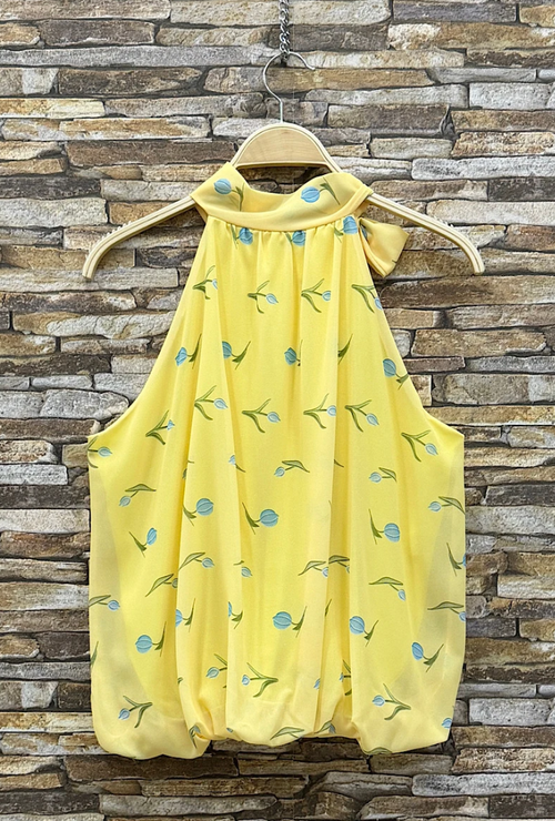 ESBLSYBLTB Italian OS Yellow Blue Tulip Bow Halter Blouse