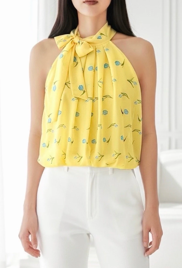 ESBLSYBLTB Italian OS Yellow Blue Tulip Bow Halter Blouse