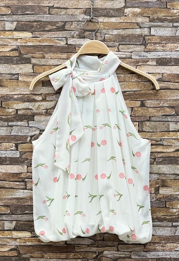 ESBLSWHPTB Italian OS White Pink Tulip Bow Halter Blouse