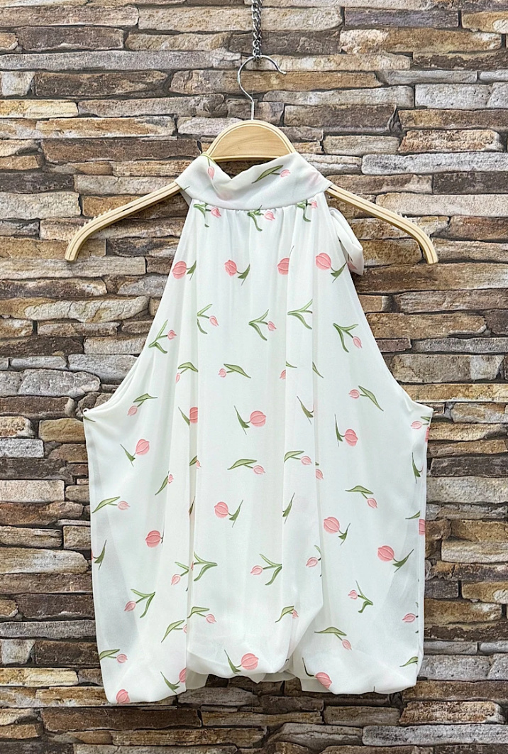 ESBLSWHPTB Italian OS White Pink Tulip Bow Halter Blouse