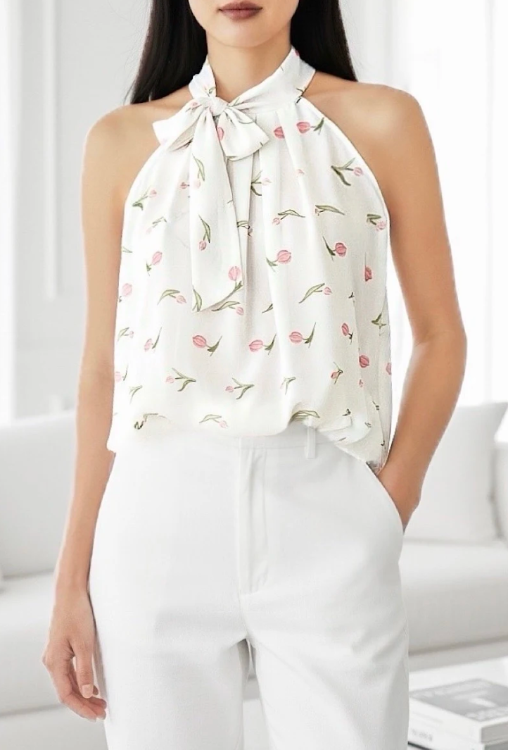 ESBLSWHPTB Italian OS White Pink Tulip Bow Halter Blouse