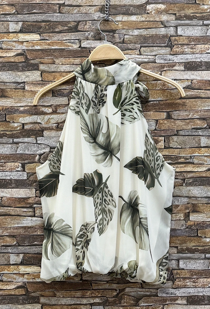 ESBLSGLLBH Italian OS Green Leaf Leopard Bow Halter Blouse
