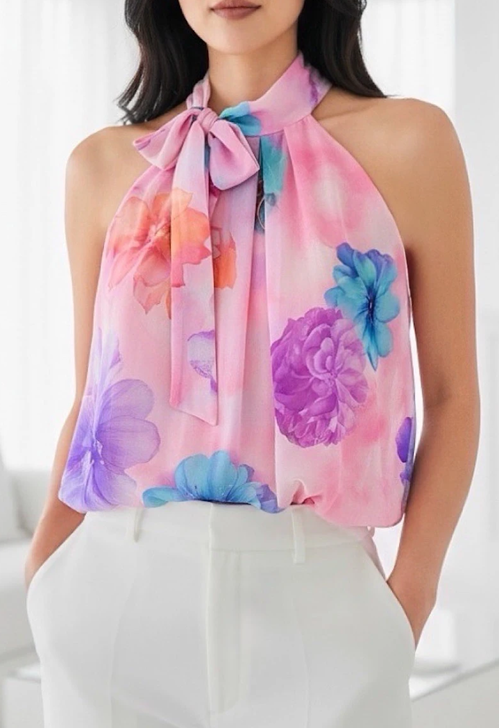ESBLSPPUW Italian OS Pink Purple Watercolour Halter Blouse