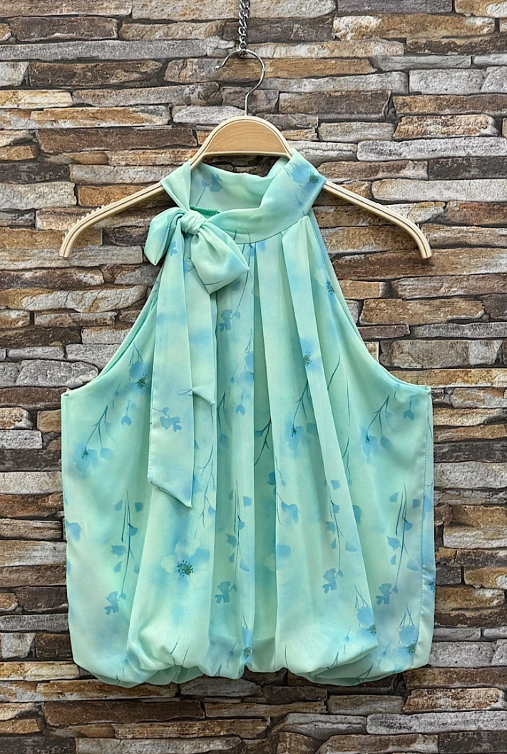ESBLSMTBLB Italian OS Mint Blue Blossom Bow Halter Blouse