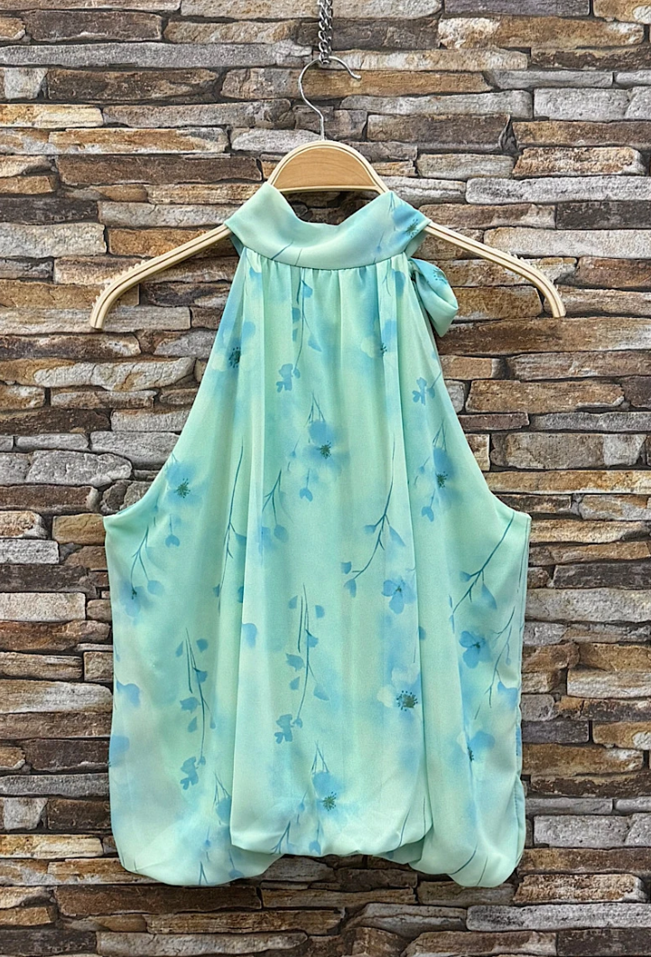 ESBLSMTBLB Italian OS Mint Blue Blossom Bow Halter Blouse