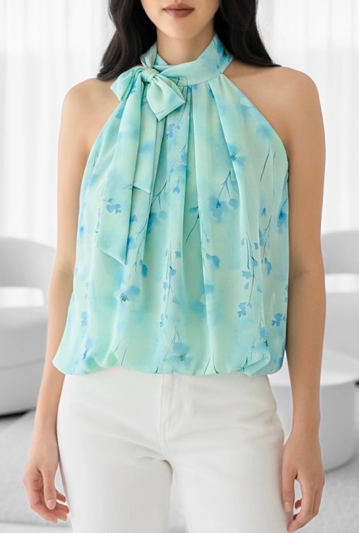 ESBLSMTBLB Italian OS Mint Blue Blossom Bow Halter Blouse