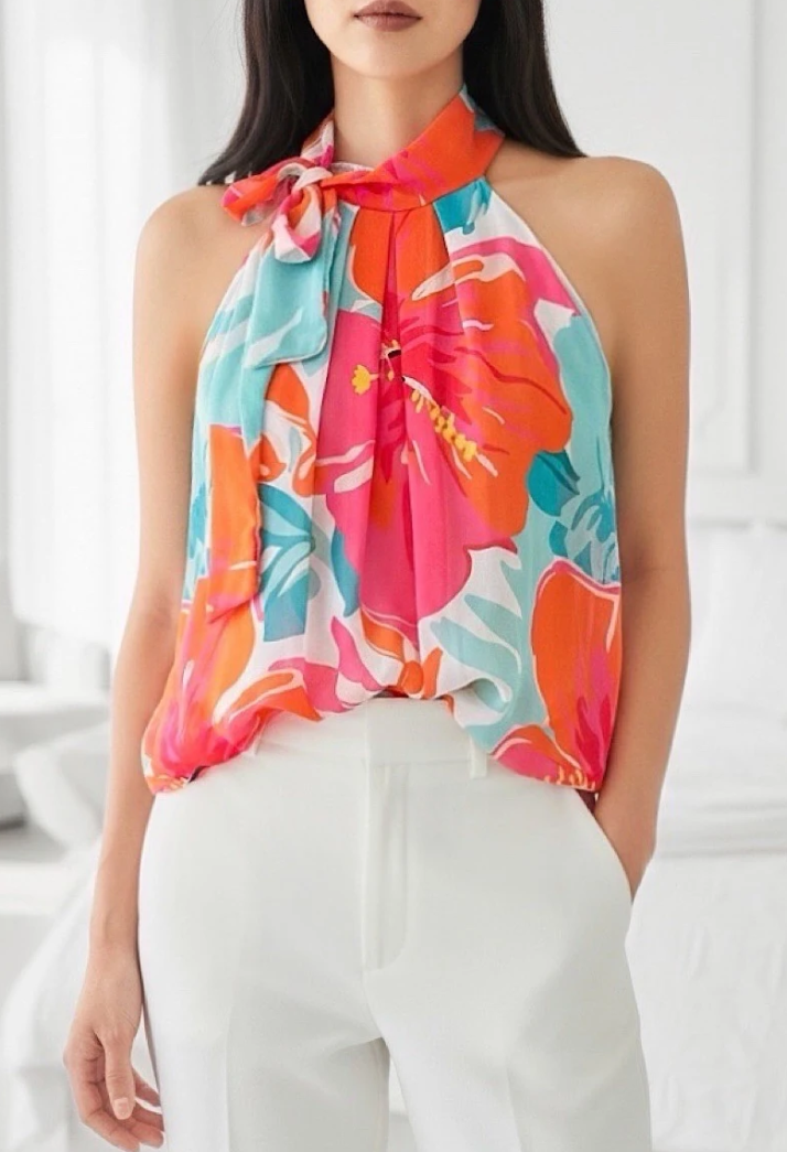 ESBLSTPHB Italian OS Tropical Hibiscus Bow Halter Blouse