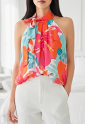 ESBLSTPHB Italian OS Tropical Hibiscus Bow Halter Blouse