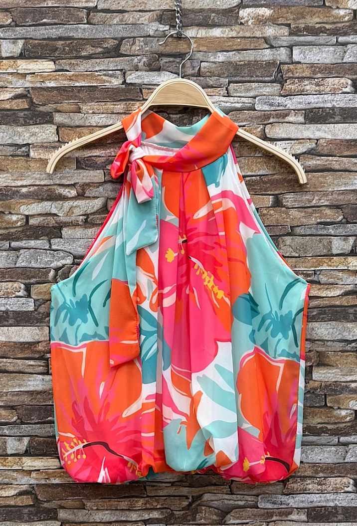 ESBLSTPHB Italian OS Tropical Hibiscus Bow Halter Blouse