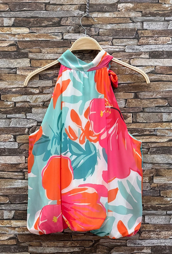 ESBLSTPHB Italian OS Tropical Hibiscus Bow Halter Blouse