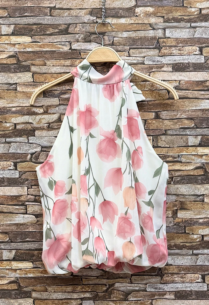 ESBLSPKPEA Italian OS Pink Peach Tulip Stem Halter Blouse
