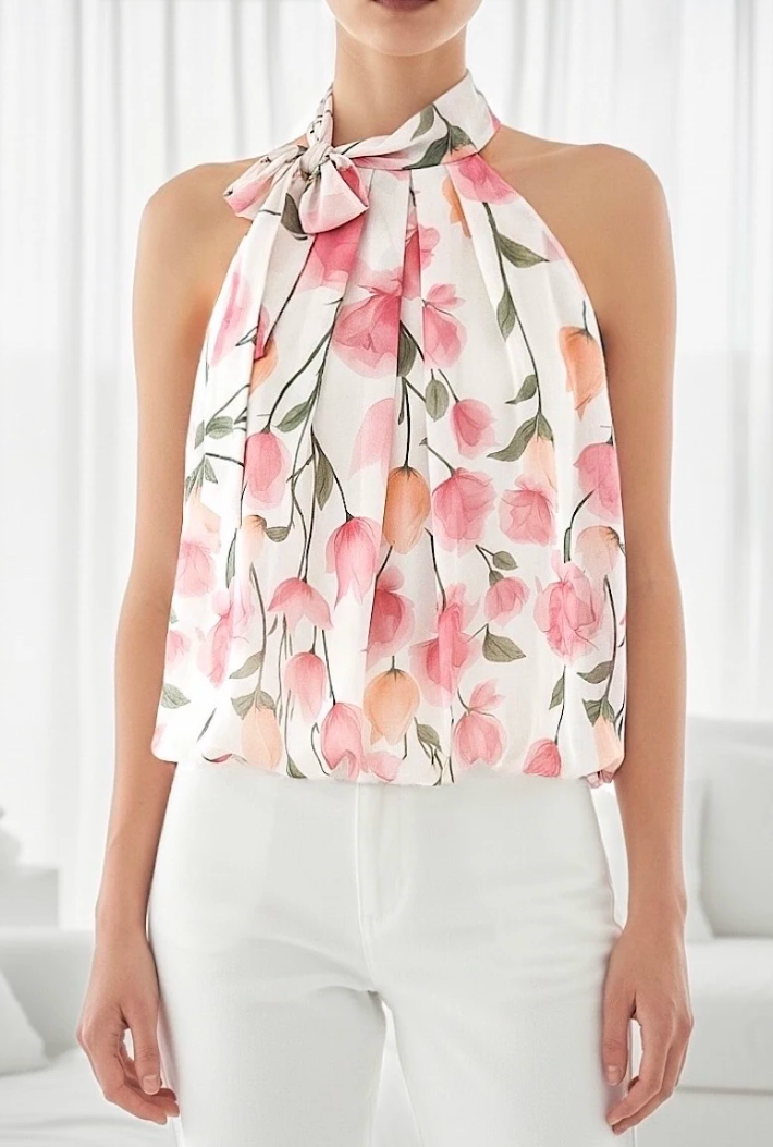 ESBLSPKPEA Italian OS Pink Peach Tulip Stem Halter Blouse
