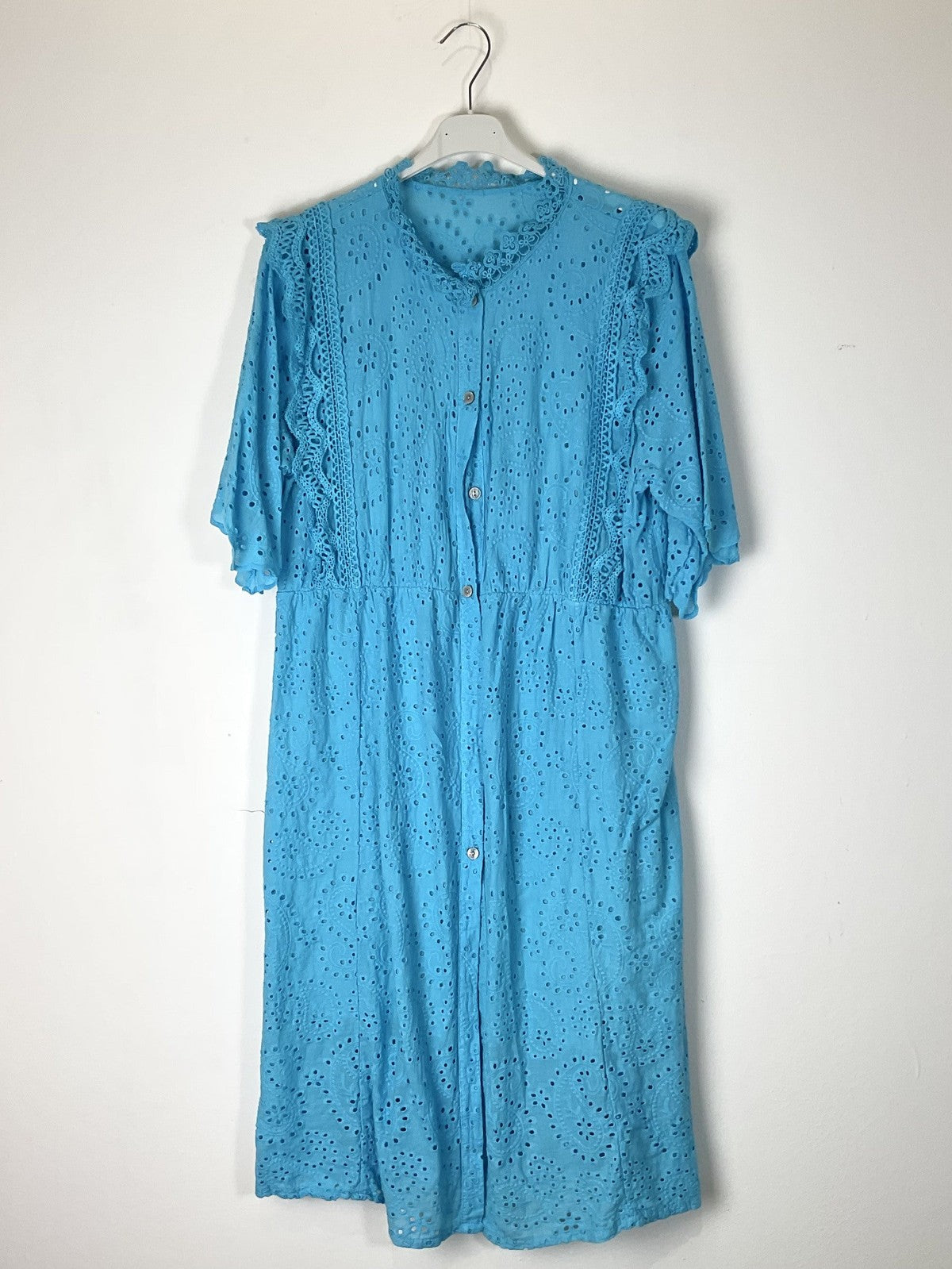 TDEBFD Eyelet Button Front Short Dress — Blue