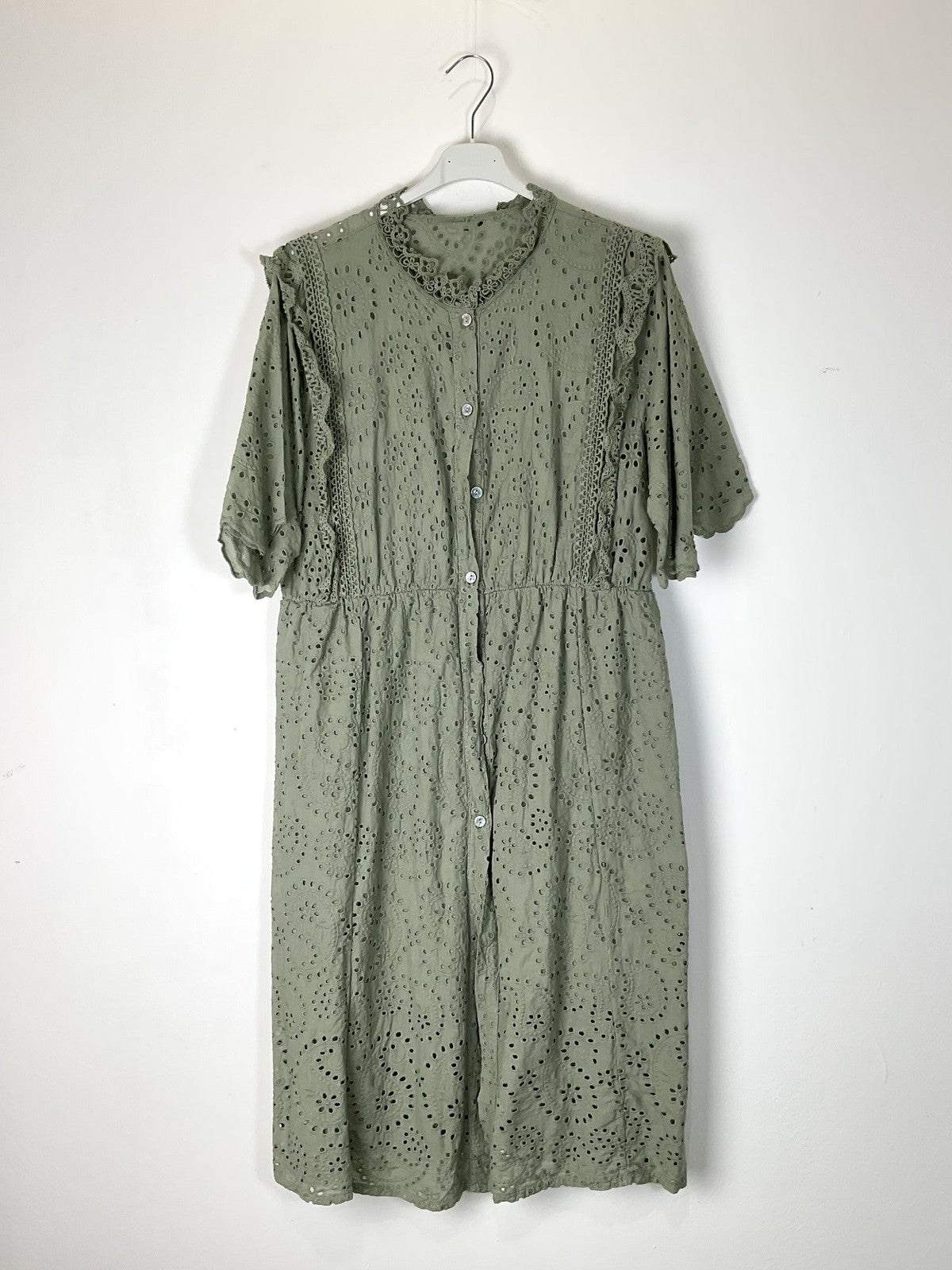 TDEBFD Eyelet Button Front Short Dress — Olive