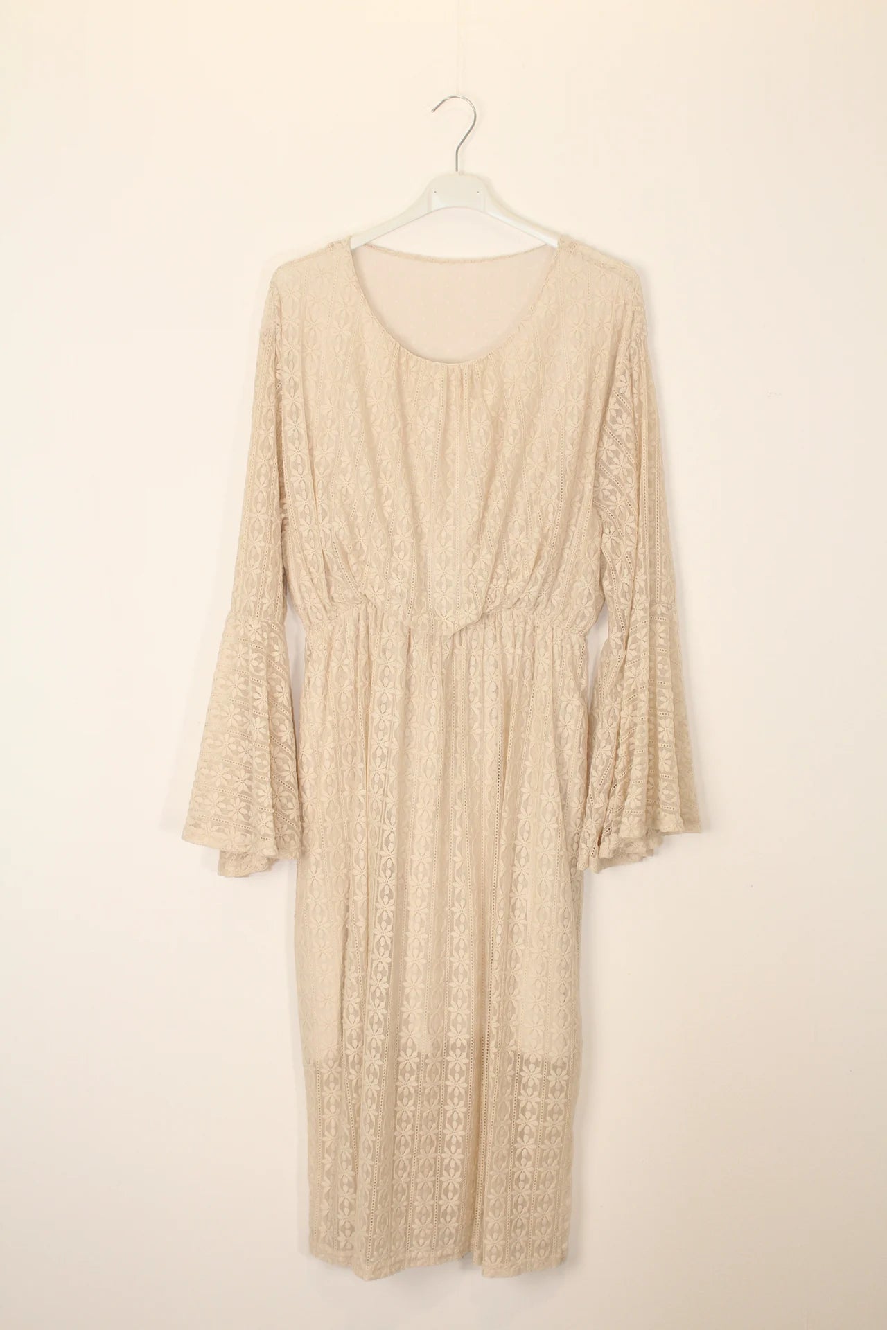TDLSM Lace Flared-Sleeve Midi Dress — Beige