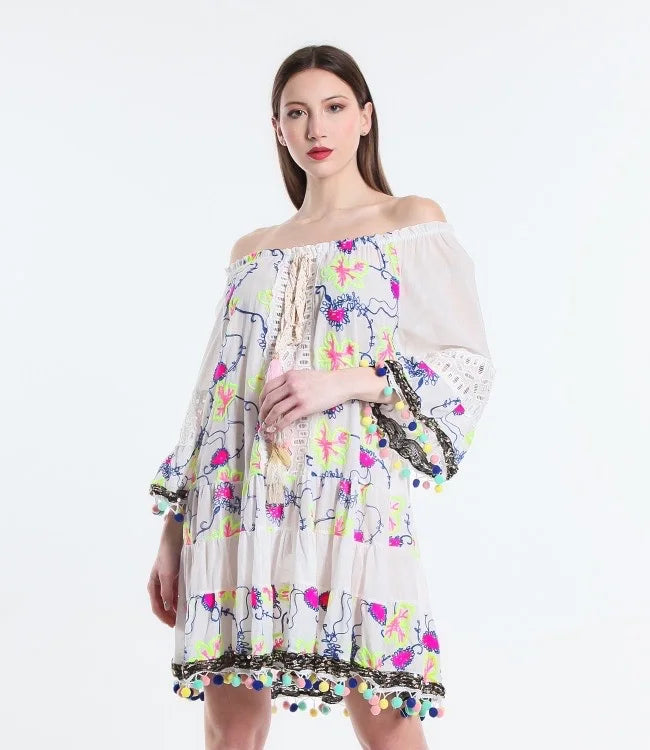 TDOFM Off-Shoulder Floral Mini Dress — White