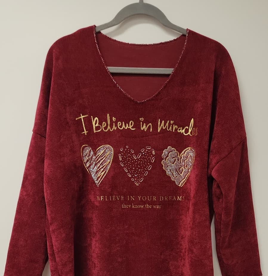 VEL1 Burgundy Miracle Hearts Printed Sweater