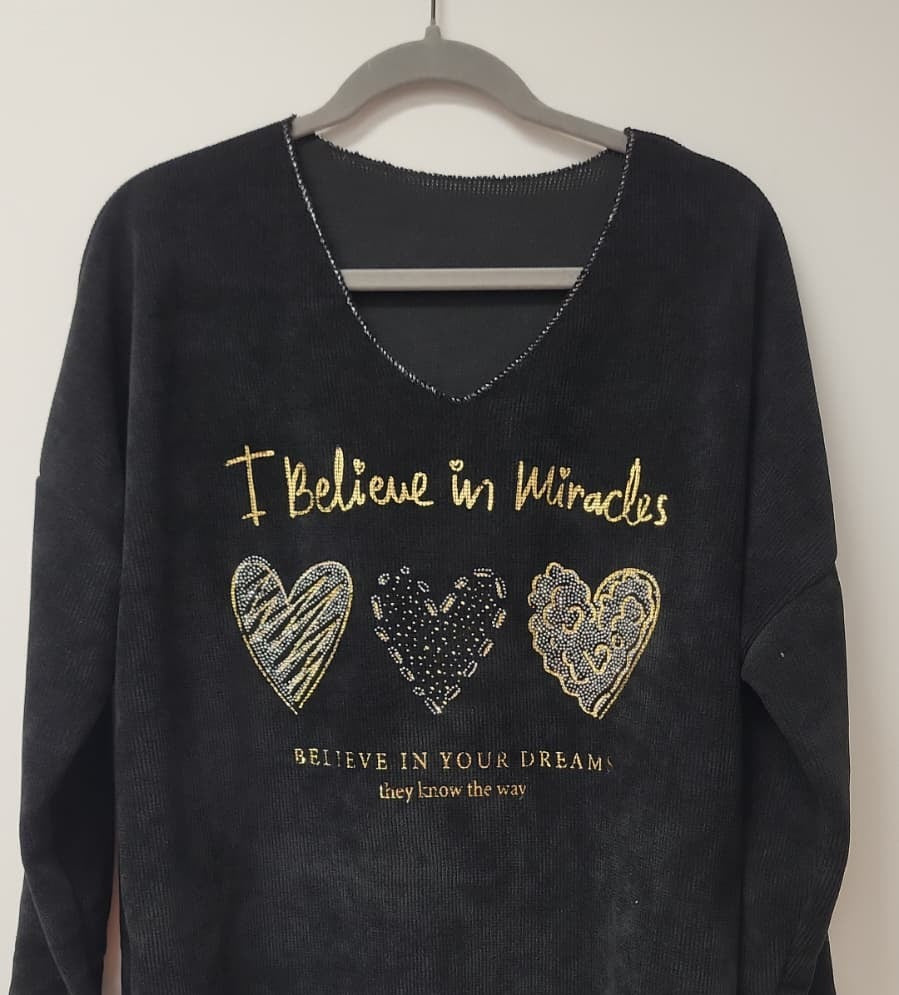 VEL2 Black Miracle Hearts Printed Sweater