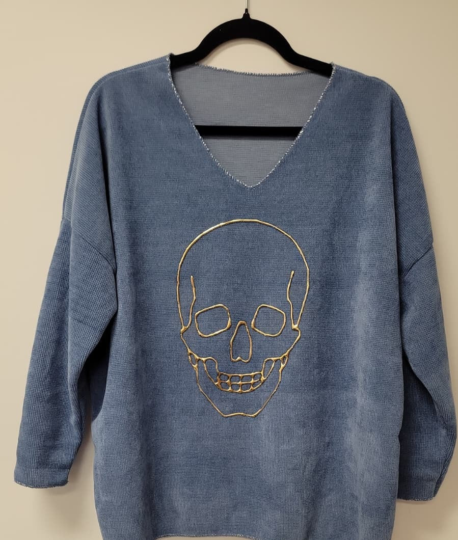 VEL5 Blue Gold Skull Printed Sweater