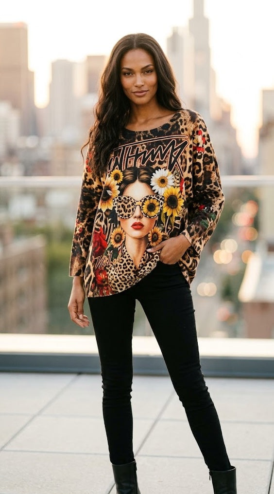 VI337 Leopard Cosy Frida Attitude Printed Sweater - model photo