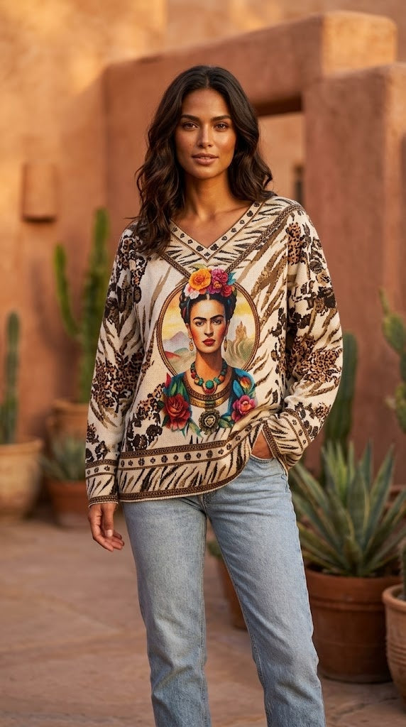 VI339 Beige Cosy Frida Portrait Printed Sweater - model photo