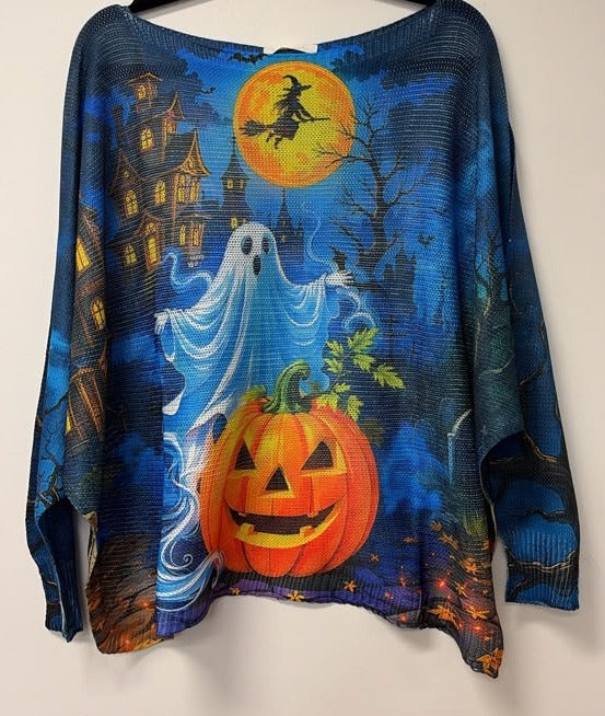 VI650 Blue Halloween Ghost Printed Sweater