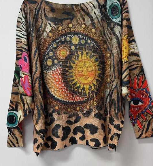 VI651 Brown Leopard Celestial Printed Sweater