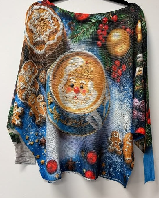 VI655 Blue Christmas Santa Printed Sweater