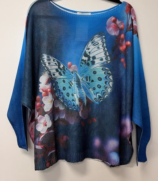VI658 Blue Butterfly Floral Printed Sweater